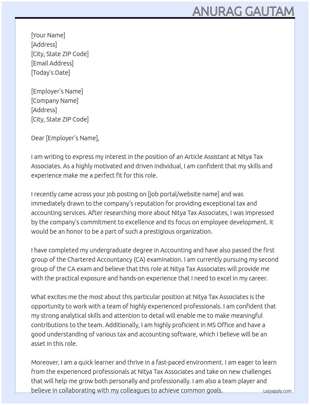 Article Assistant  At Nitya Tax Associates Cover Letter