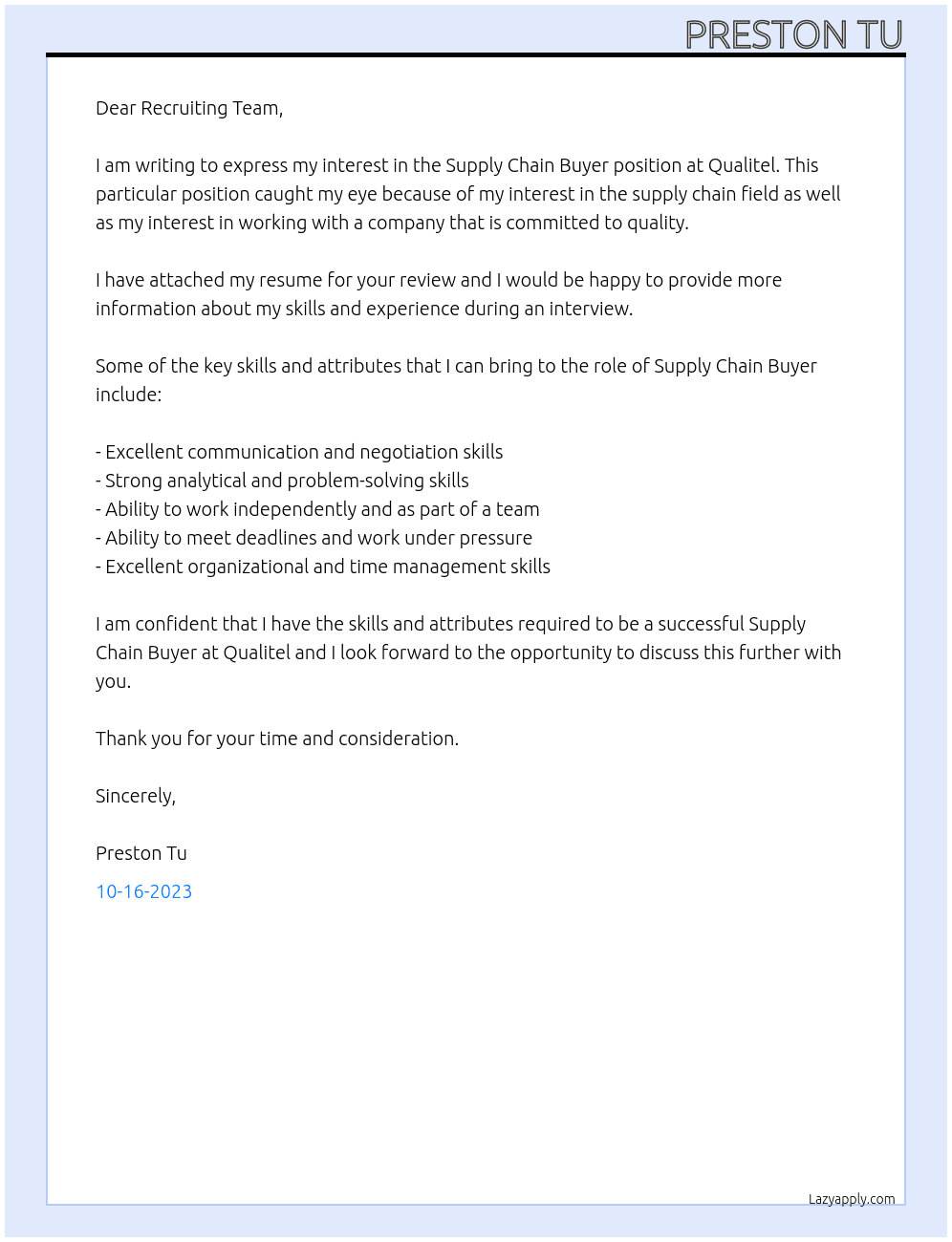 Supply Chain Buyer At Qualitel Cover Letter