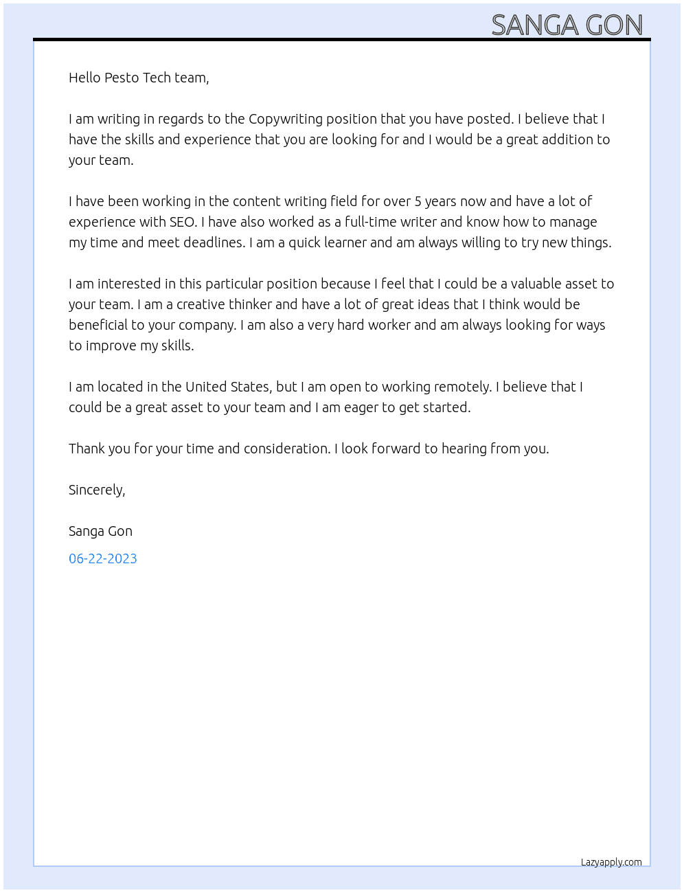 Copy writing  At Pesto tech Cover Letter