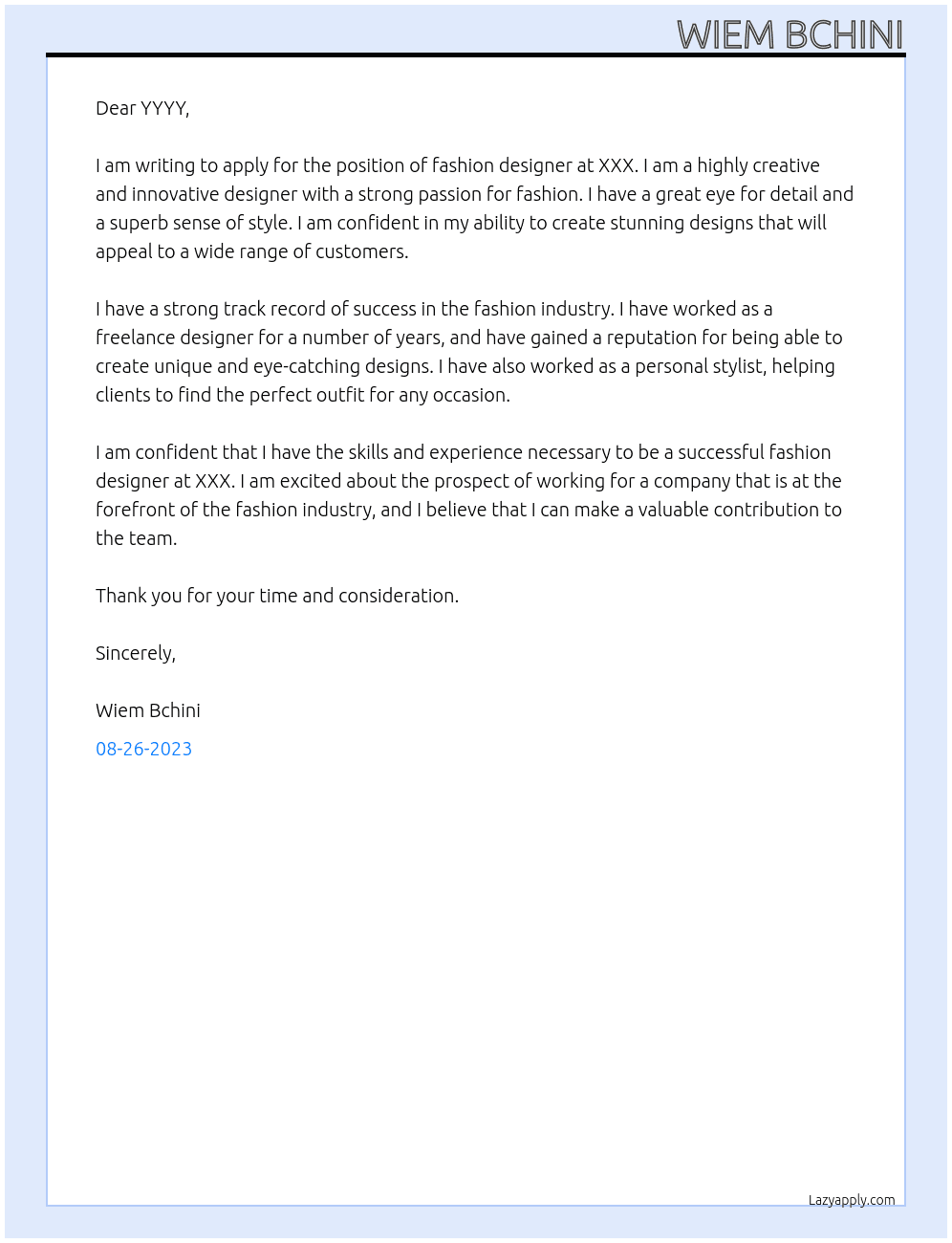 fashion designer  At XXX Cover Letter