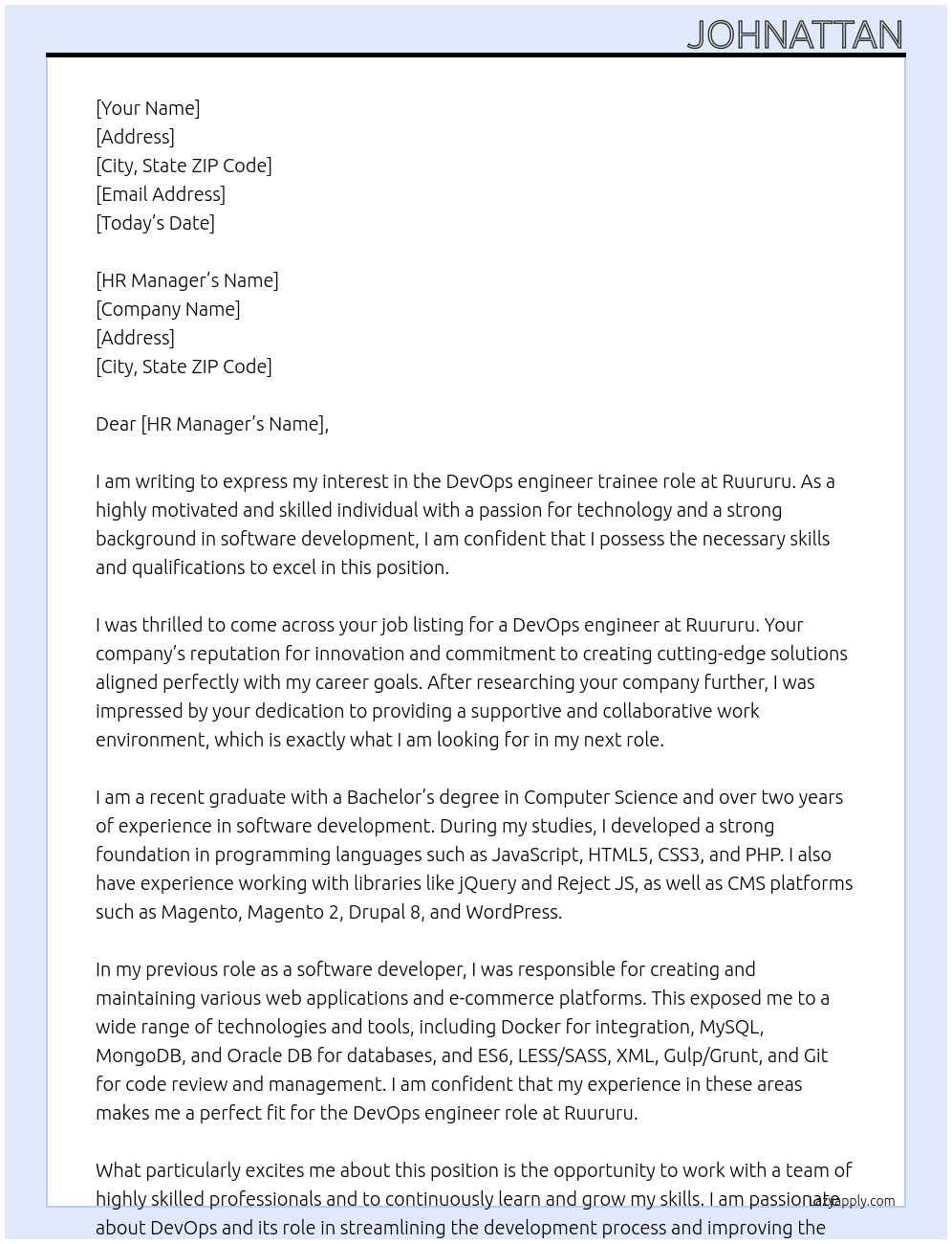 DevOps engineer  At Ruururu Cover Letter
