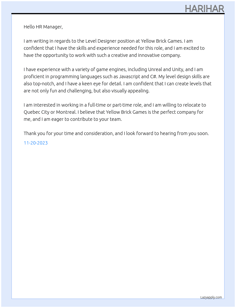 Level Designer At Yellow Brick Games Cover Letter