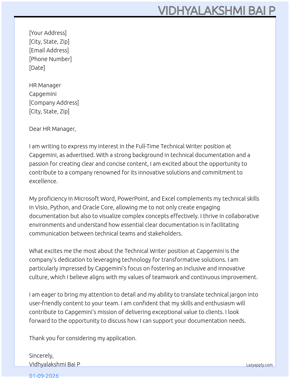 Technical Writer At Capegemini Cover Letter