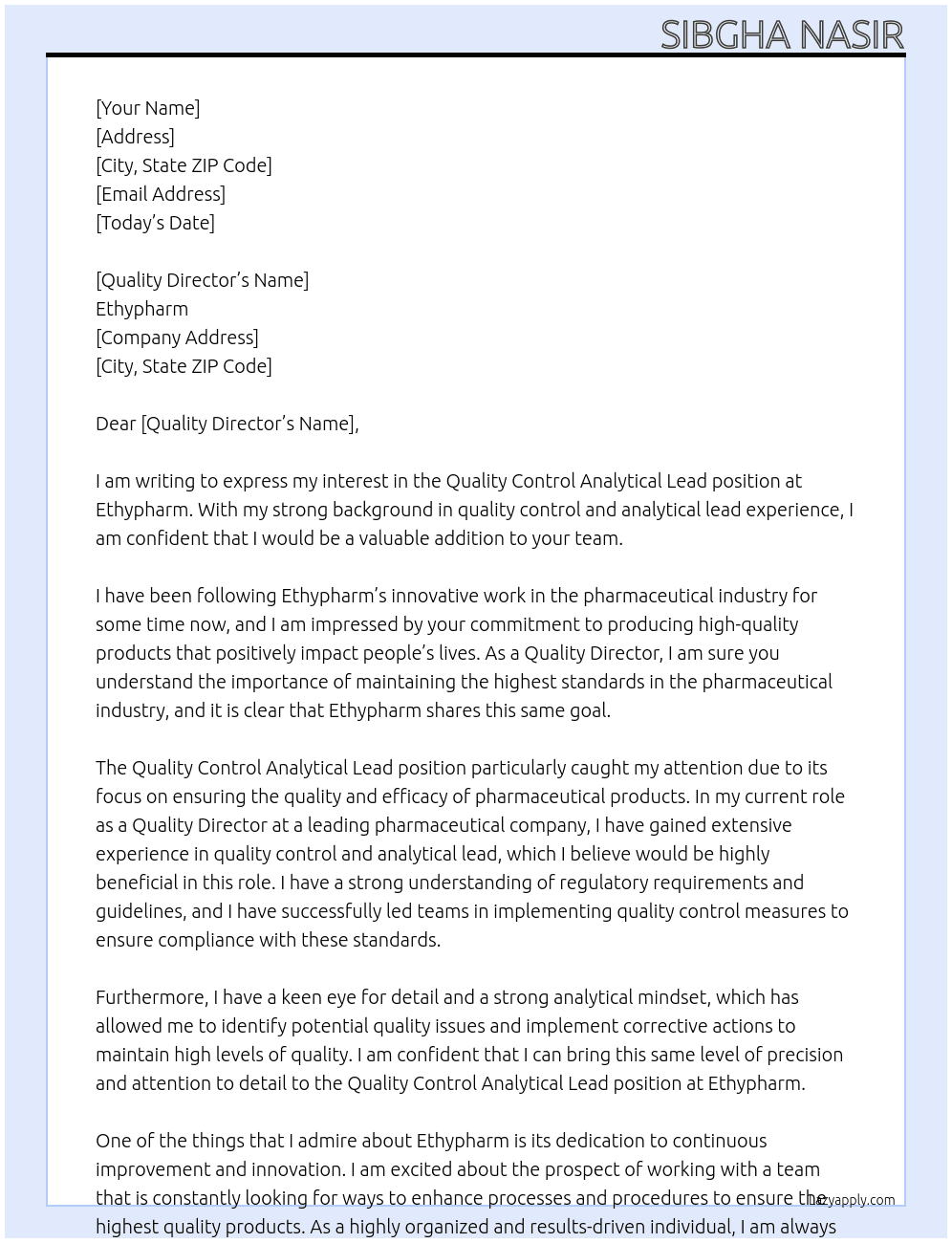 Quality control analytical lead  At Ethypharm Cover Letter