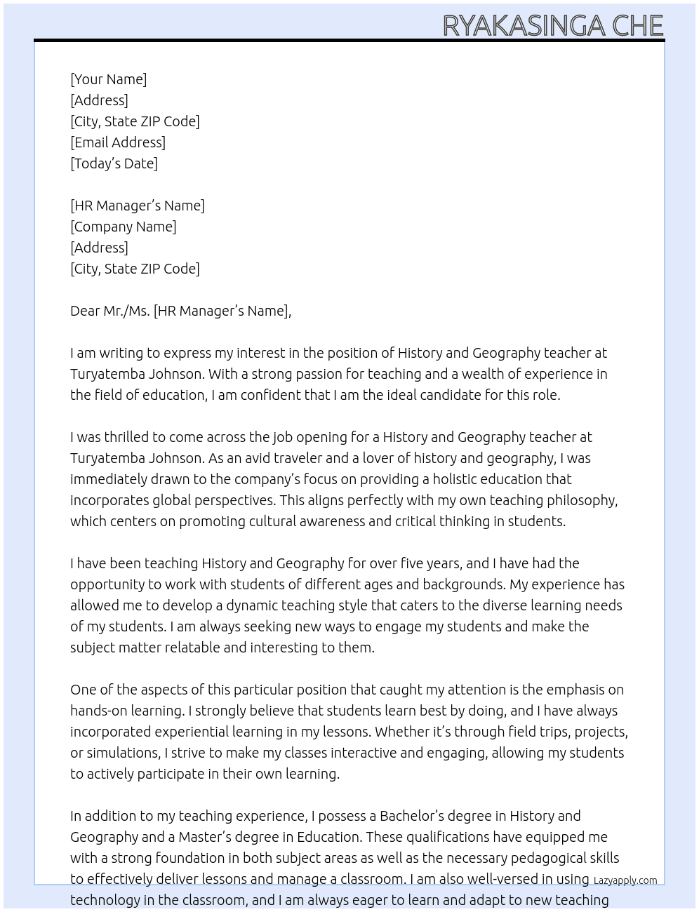 History and Geography teacher  At TURYATEMBA JOHNSON  Cover Letter
