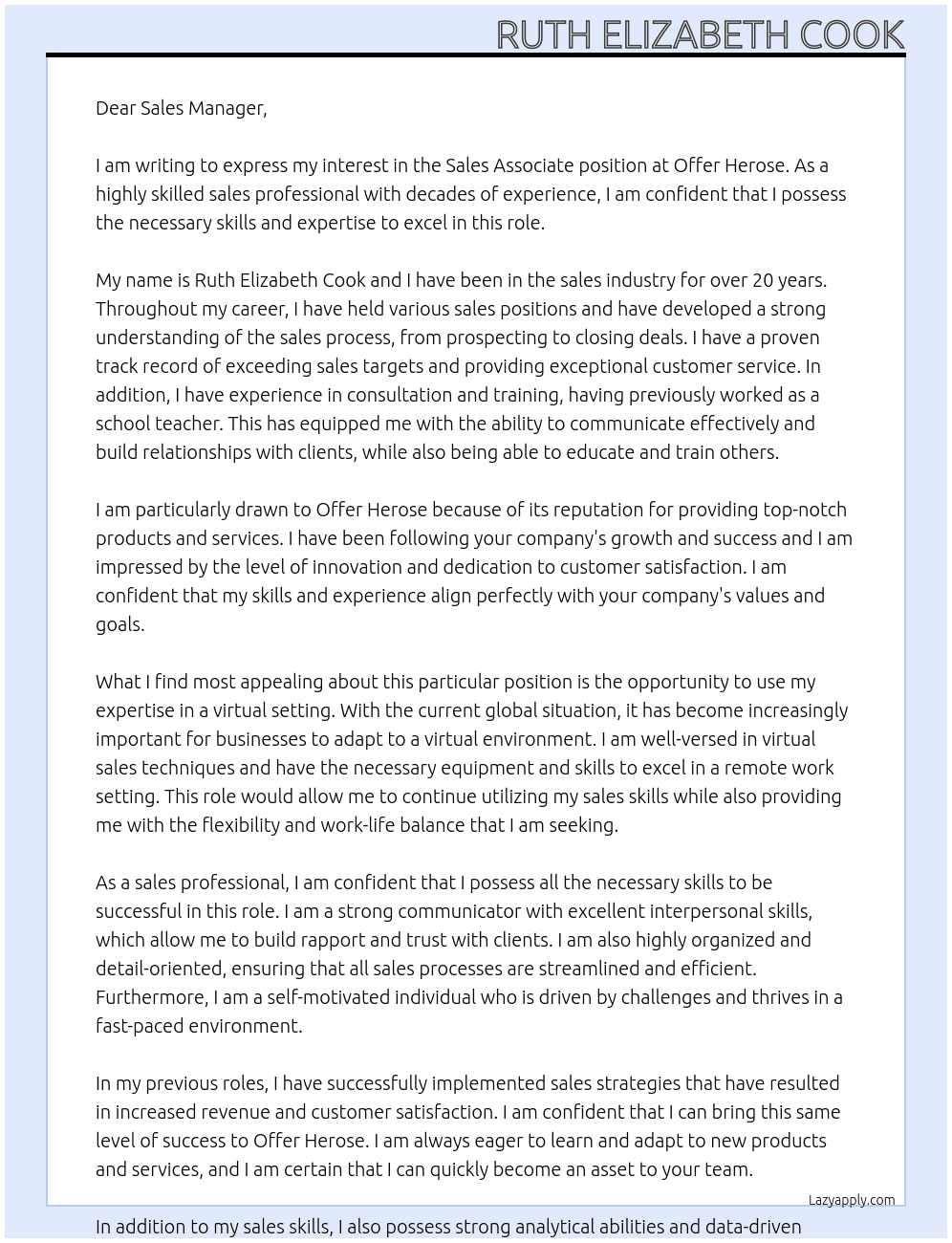 salesss associate At Offer Herose Cover Letter