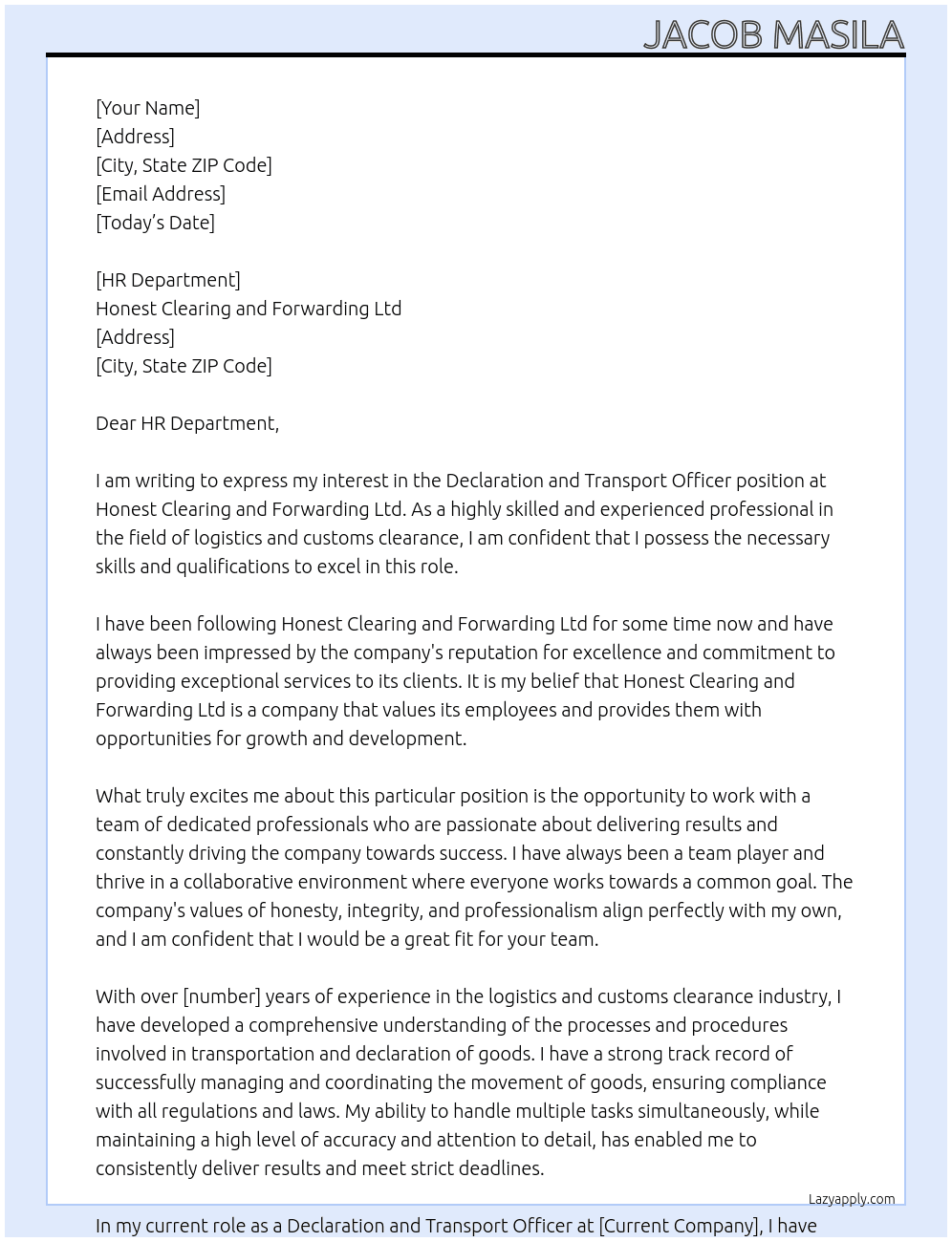 Declaration and Transport officer At Honest Clearing and Forwarding Ltd Cover Letter