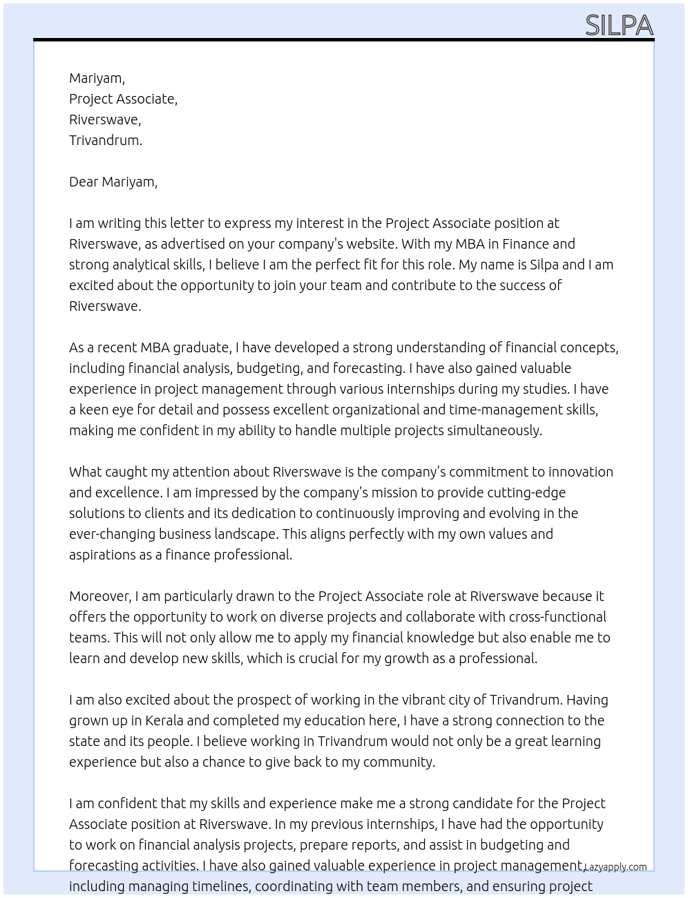 project associate At riverswave Cover Letter