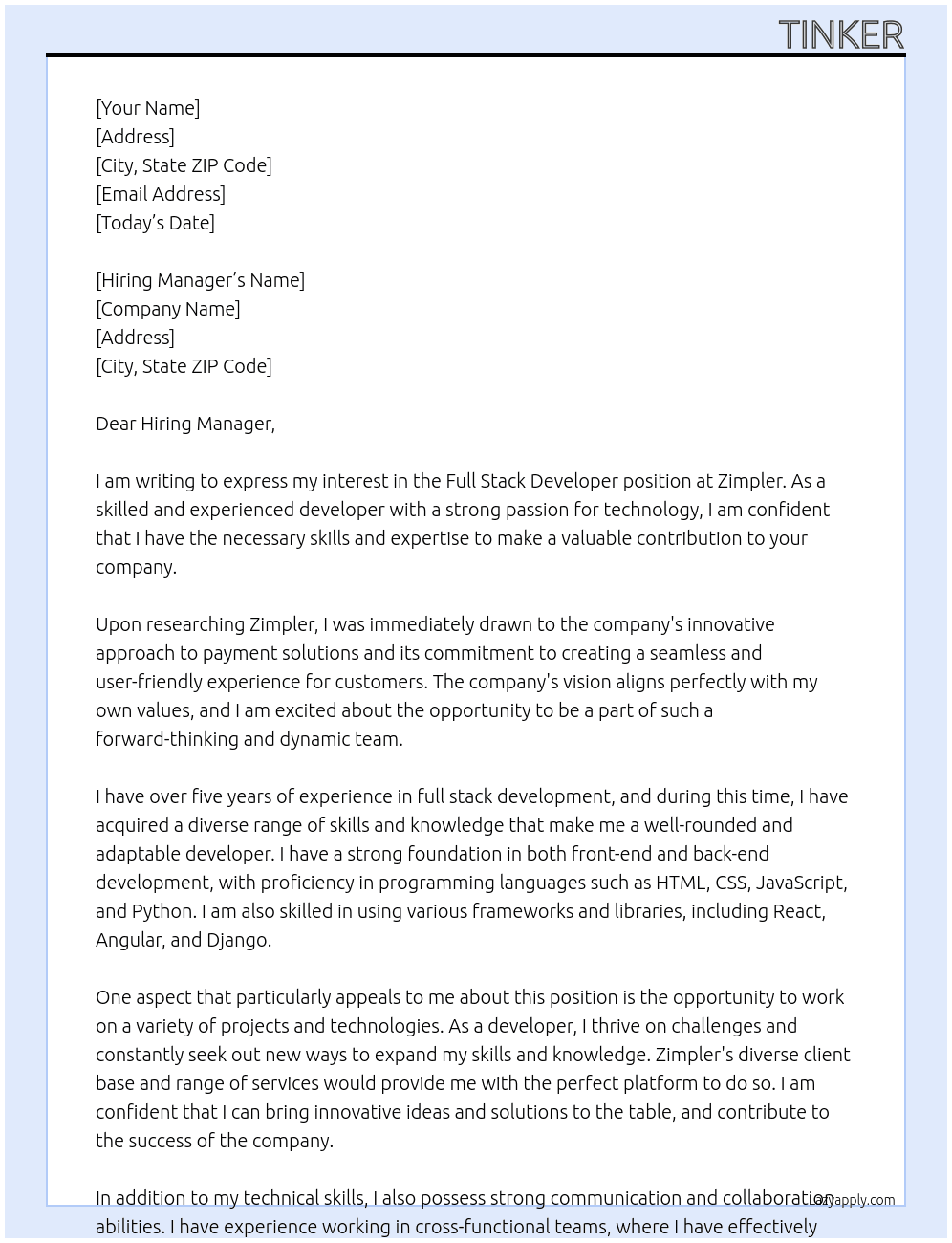 Full stack devloper At Zimpler Cover Letter