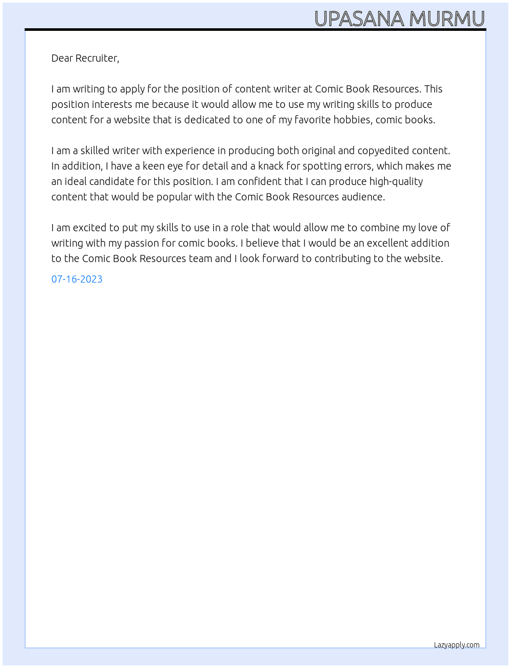 content writing At Comic Book Resources Cover Letter