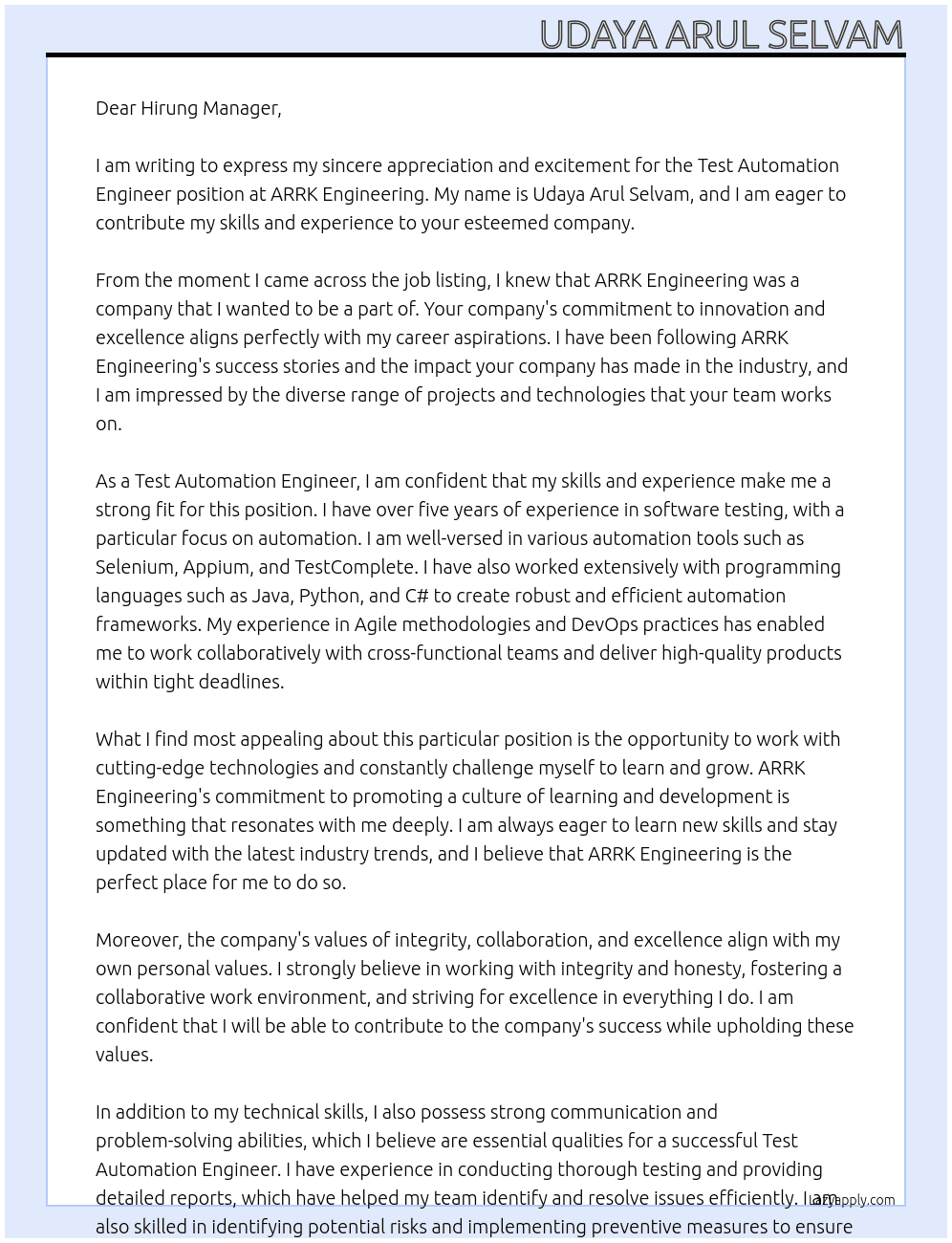 Test Automation Engineer At ARRK Engineering Cover Letter