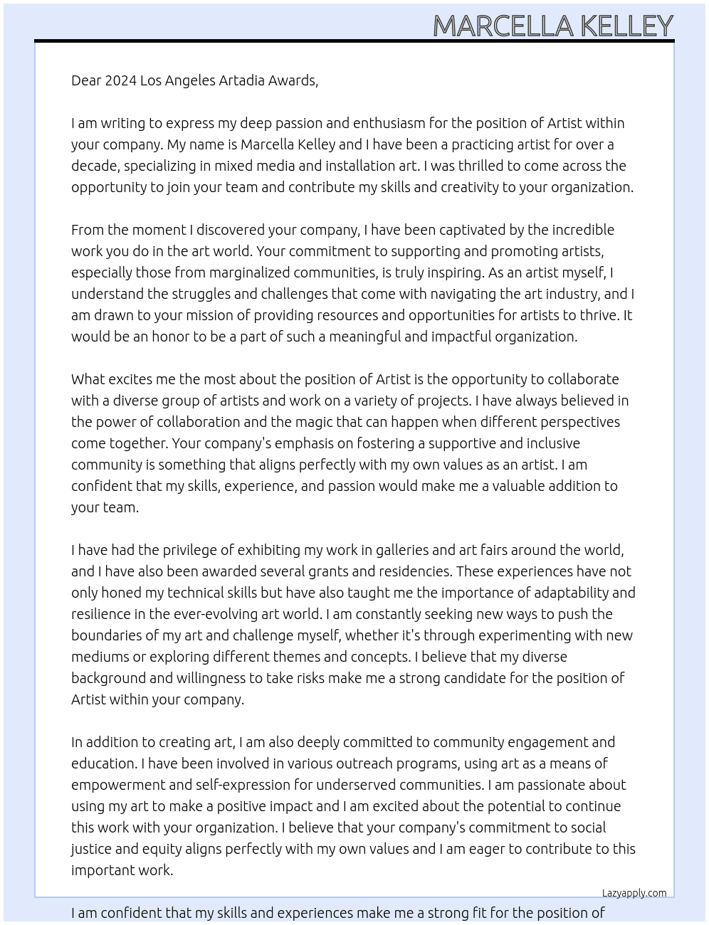 Artist At N/A Cover Letter