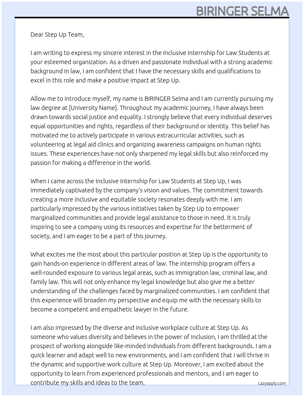 Inclusive internship for law students  At Step Up Cover Letter