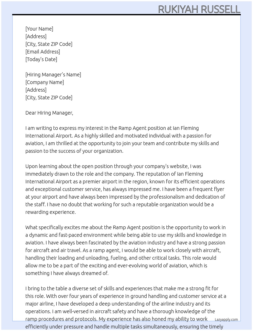 Ramp Agent At Ian Fleming International Airport Cover Letter