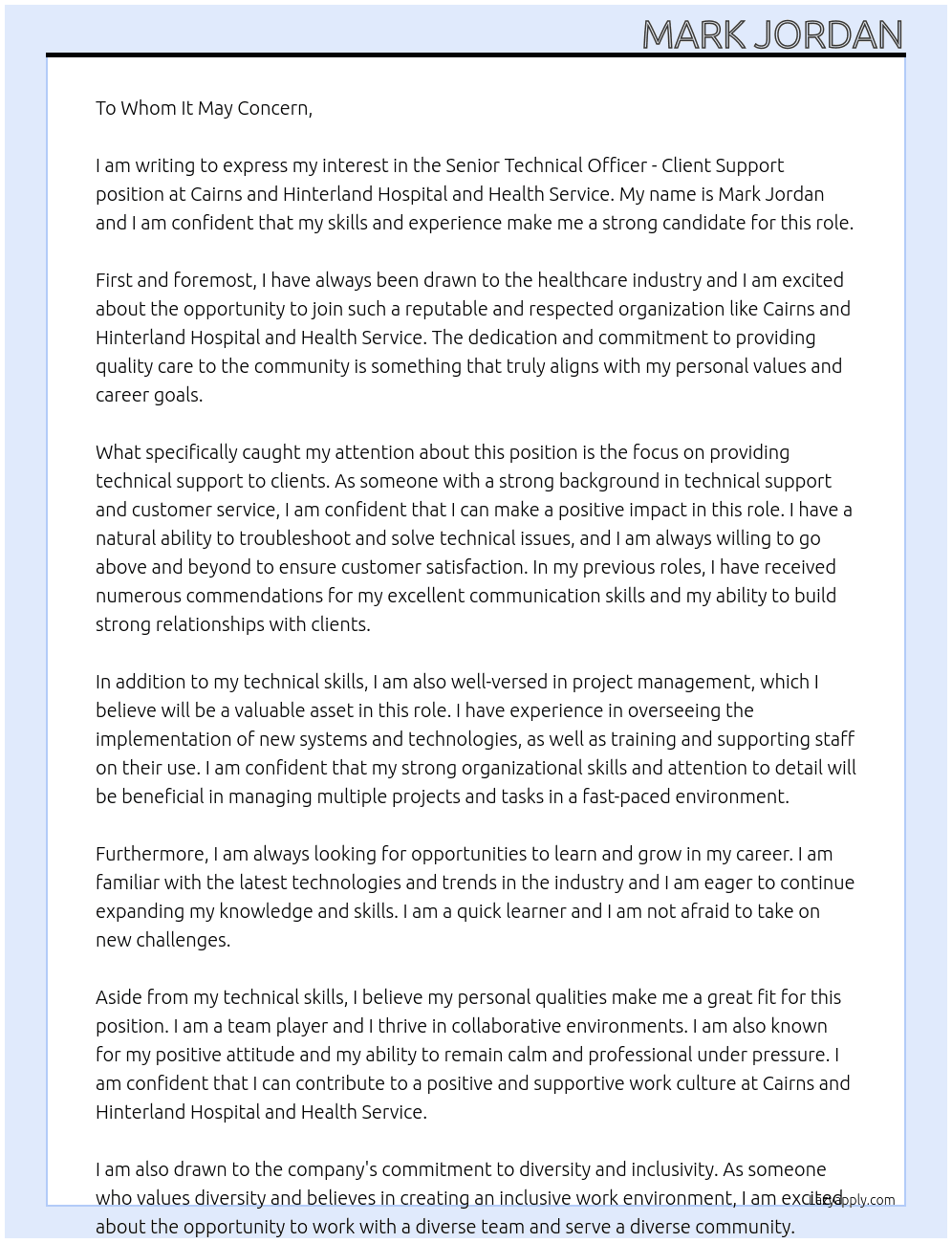 Senior Technical Officer - Client Support At Cairns and Hinterland Hospital and Health Service Cover Letter