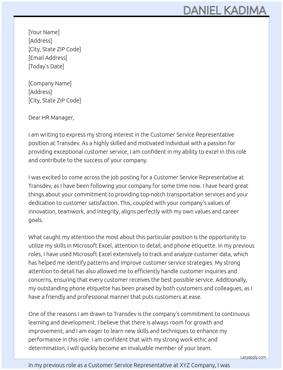 Customer Service Representative At Transdev Cover Letter