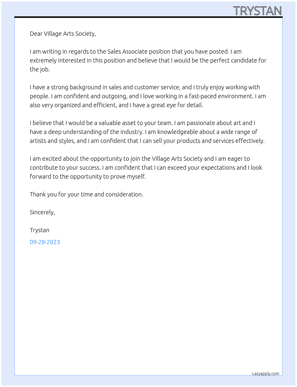 Sales Associate At Village Arts Society Cover Letter