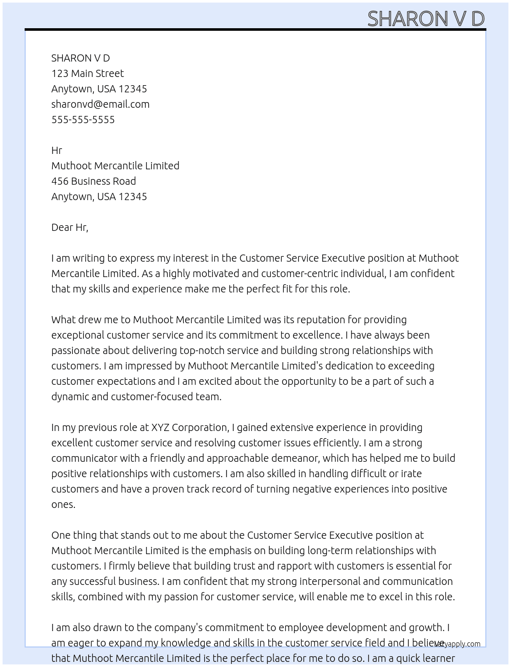 Customer service Executives At Muthoot Mercantile Limited  Cover Letter