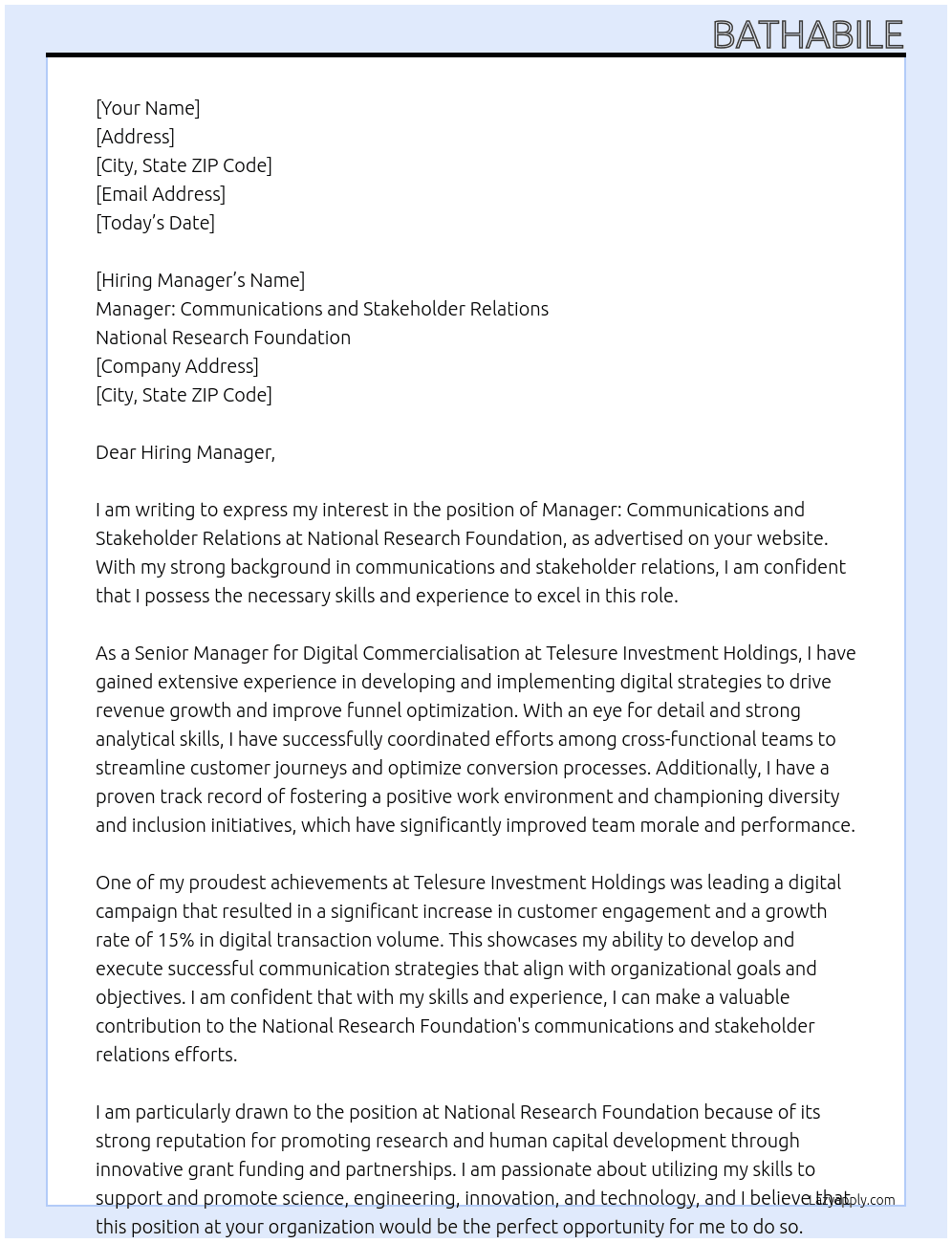 Manager: Communications and Stakeholder Relations A At National Research Foundation Cover Letter