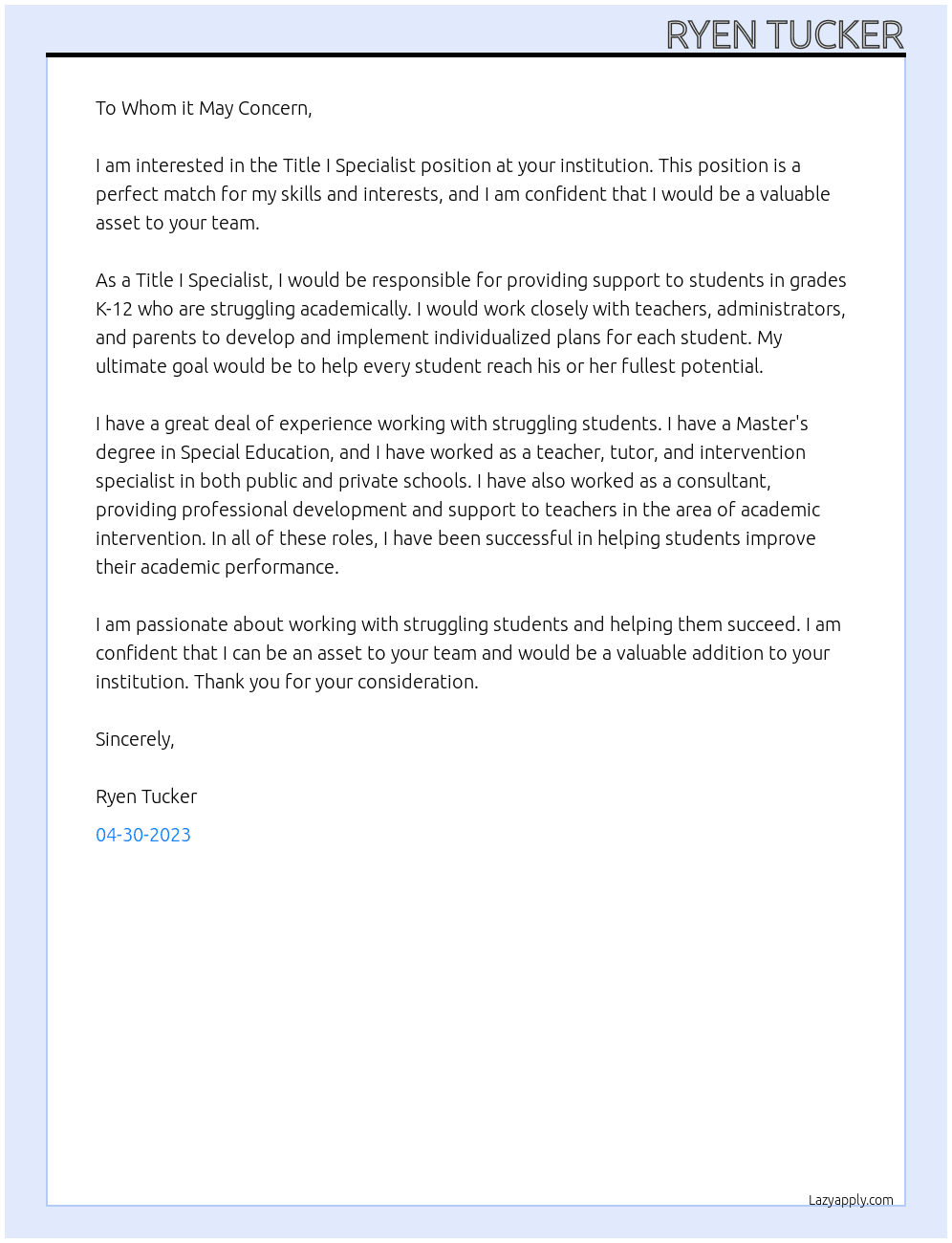 Title I Specialist At your institution Cover Letter