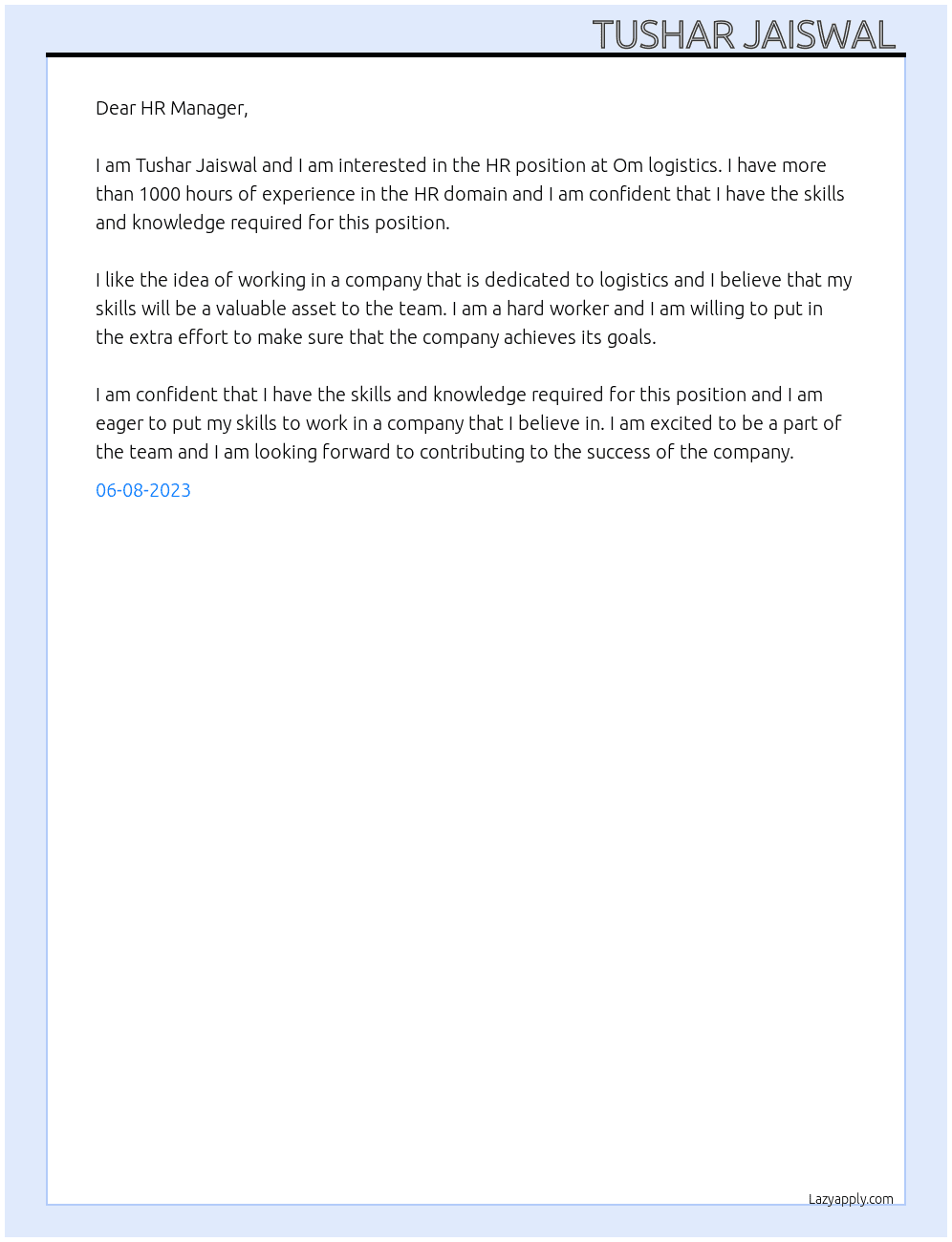 HHr domain  At Om logistics  Cover Letter