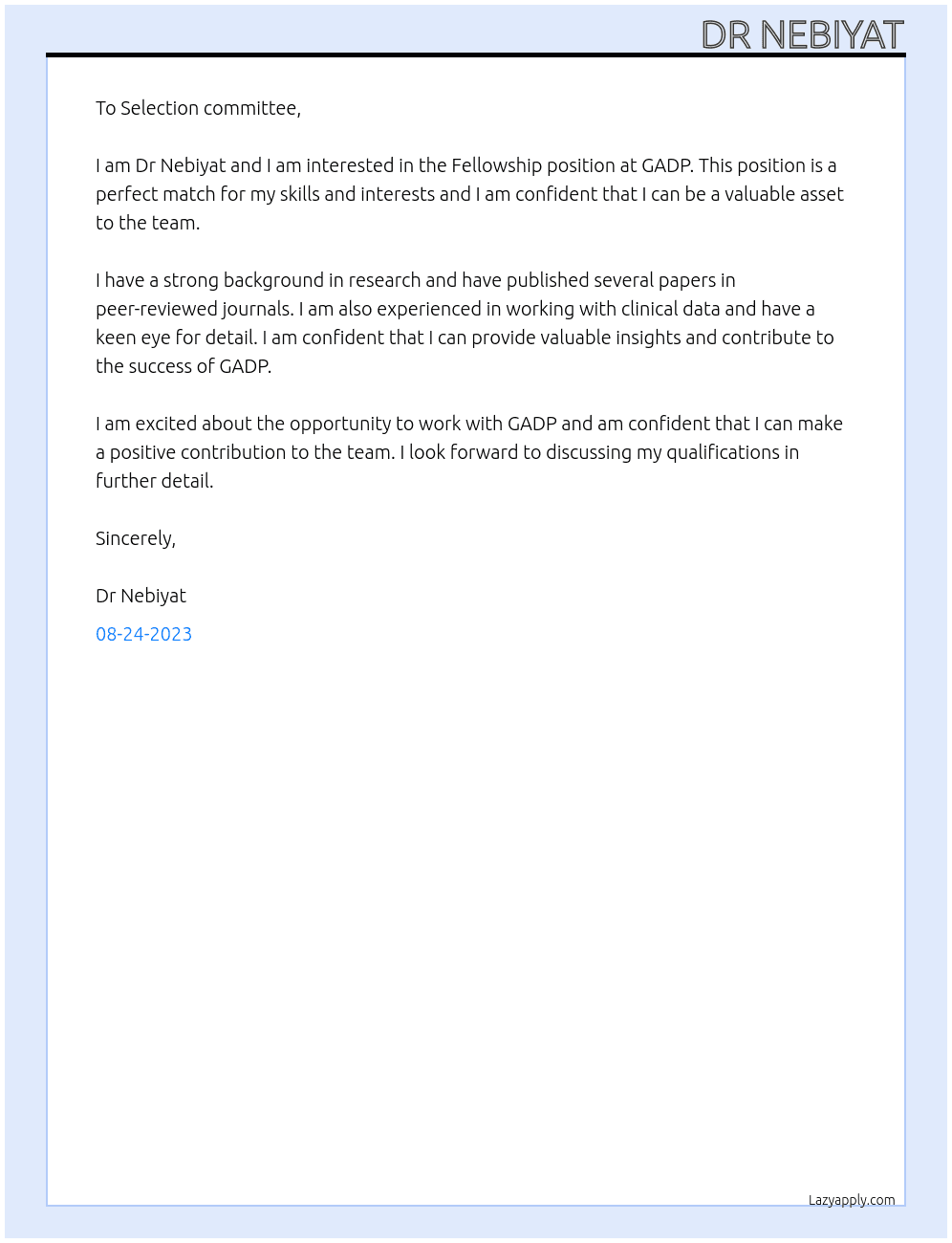 Fellowship  At GADP Cover Letter
