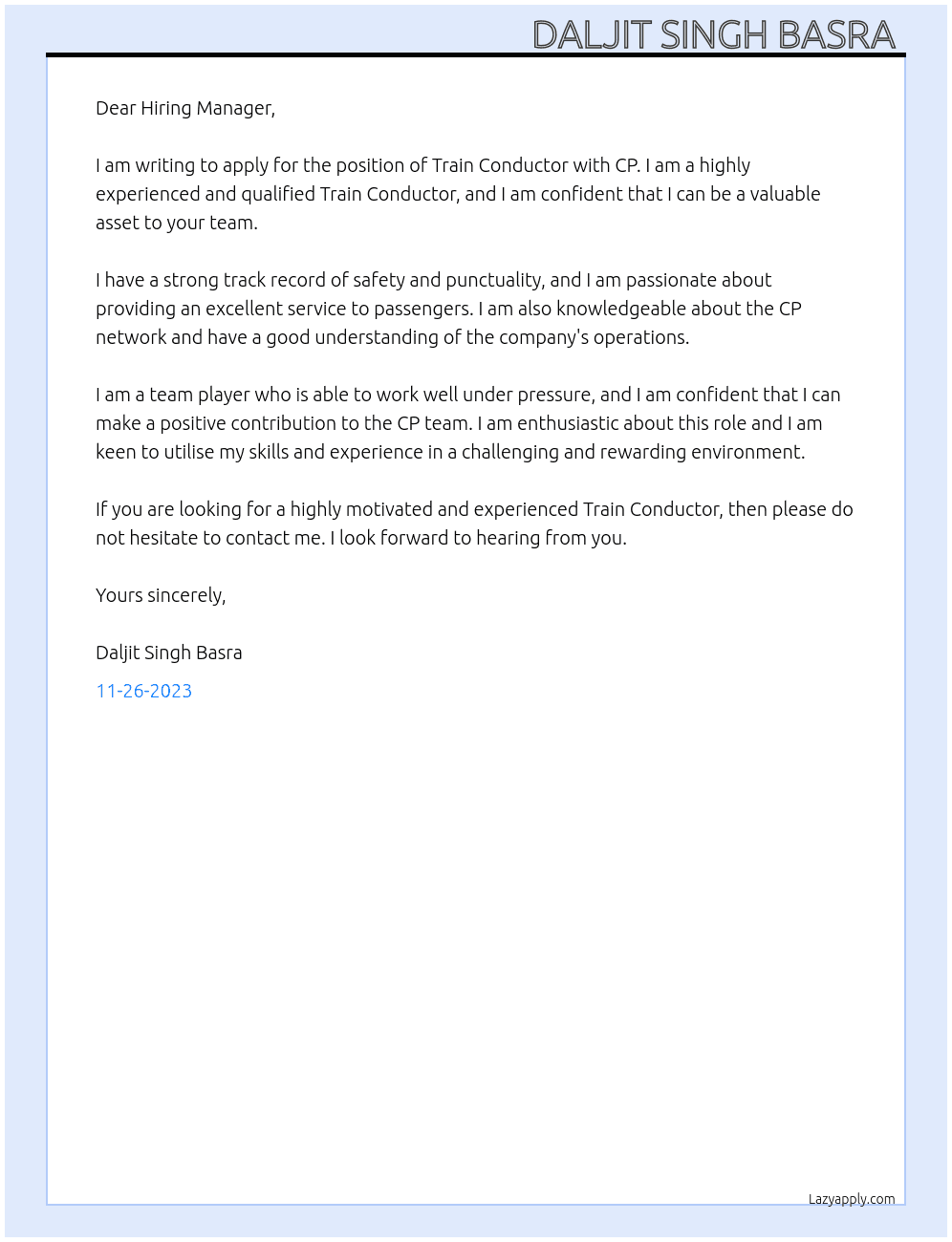 Train Conductor At CP Cover Letter