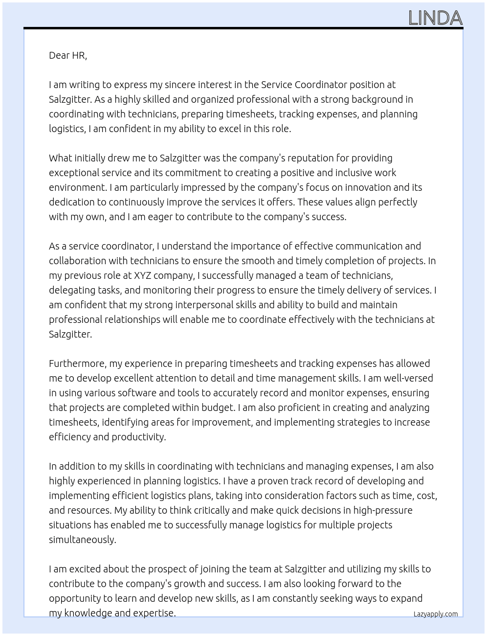 Service Cordinator At salzgitter Cover Letter