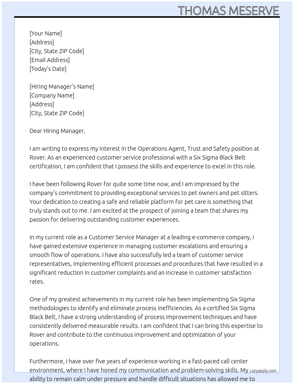 Operations Agent, Trust and Safety At Rover Cover Letter