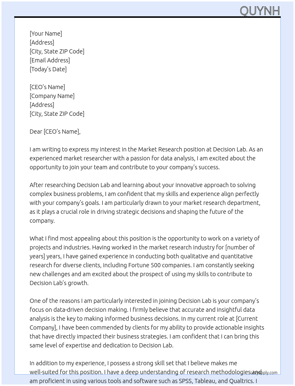 Market Research At Decision Lab Cover Letter