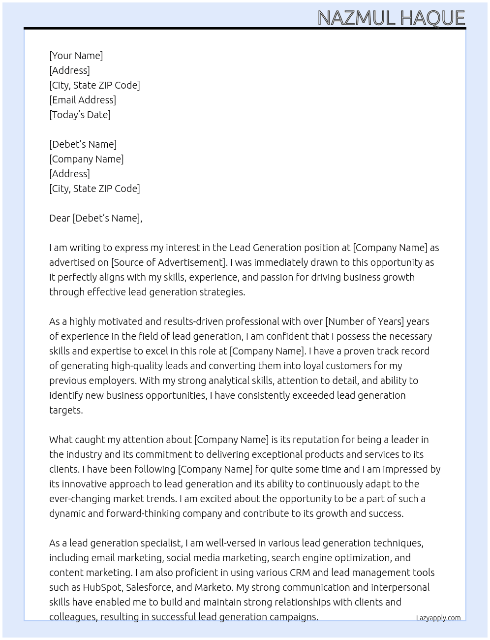Lead Generation At hhh Cover Letter