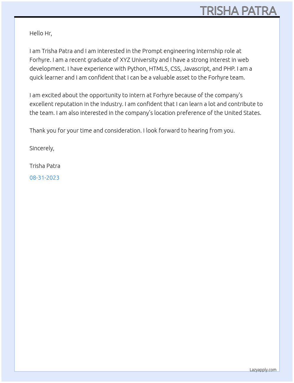Prompt engineering  At Forhyre Cover Letter