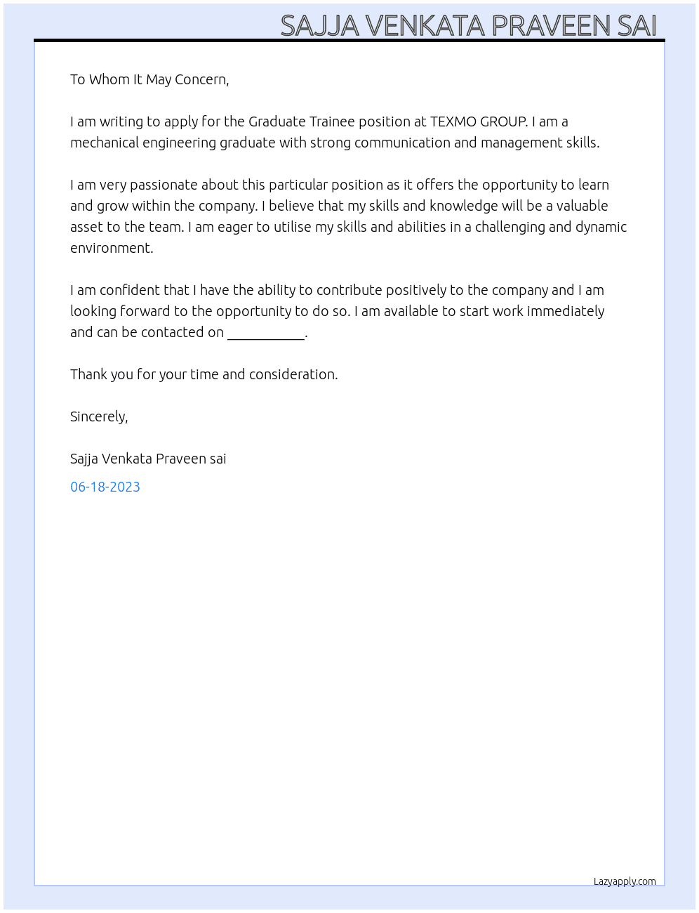 Graduate Trainee  At TEXMO GROUP  Cover Letter