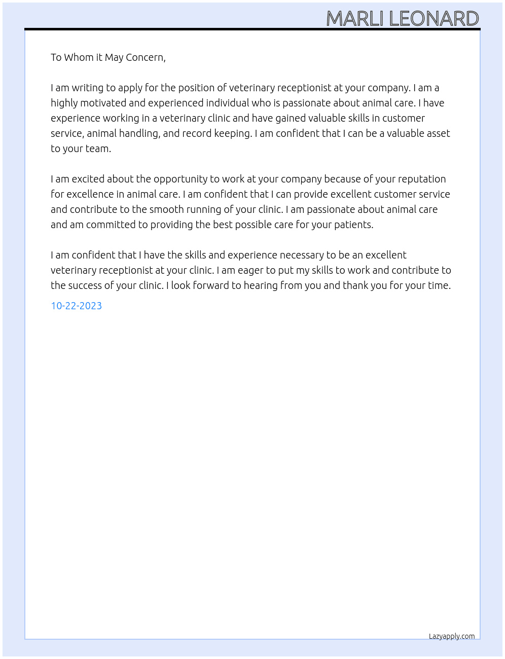 Veterinary receptionist  At Veterinary receptionist Cover Letter