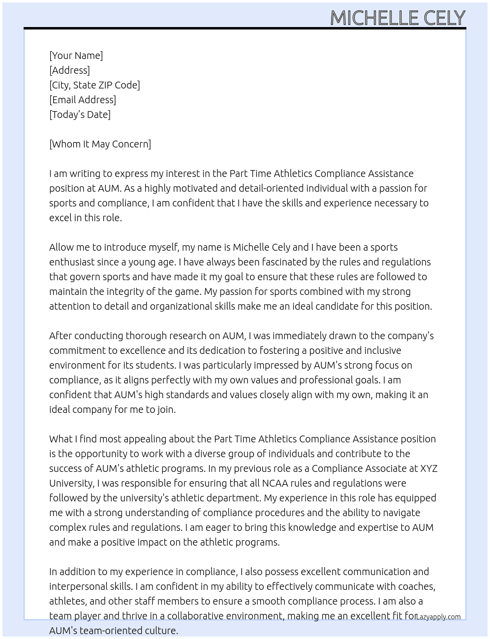 Part Time Athletics Compliance Assistance At AUM Cover Letter