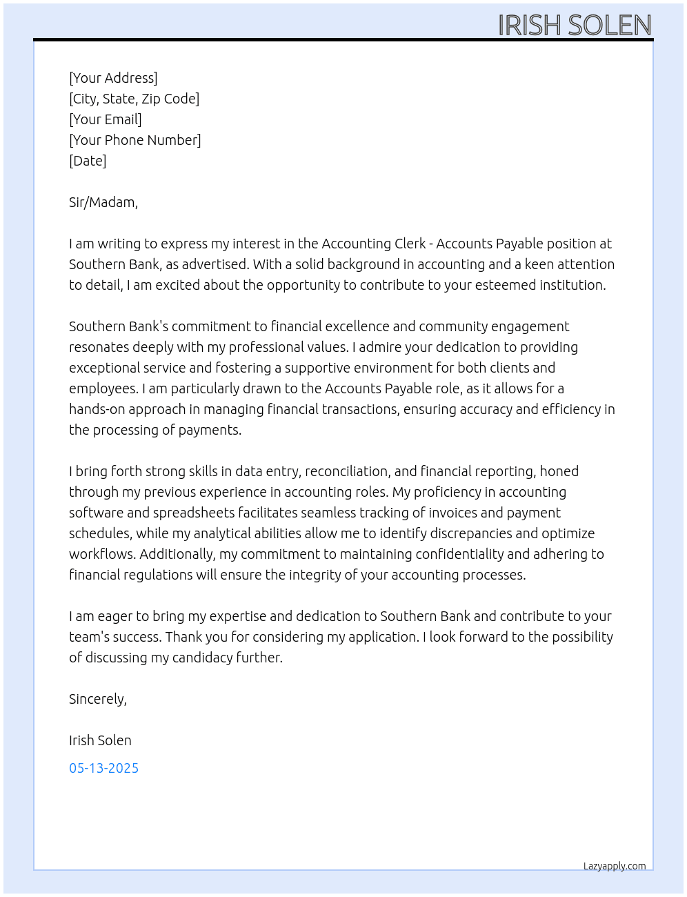 Cover letter for accounting clerk- accounts payable - LazyApply