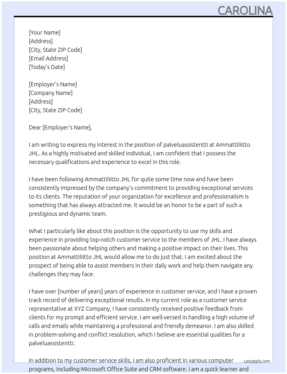 palveluassistentti At Ammattiliitto JHL Cover Letter