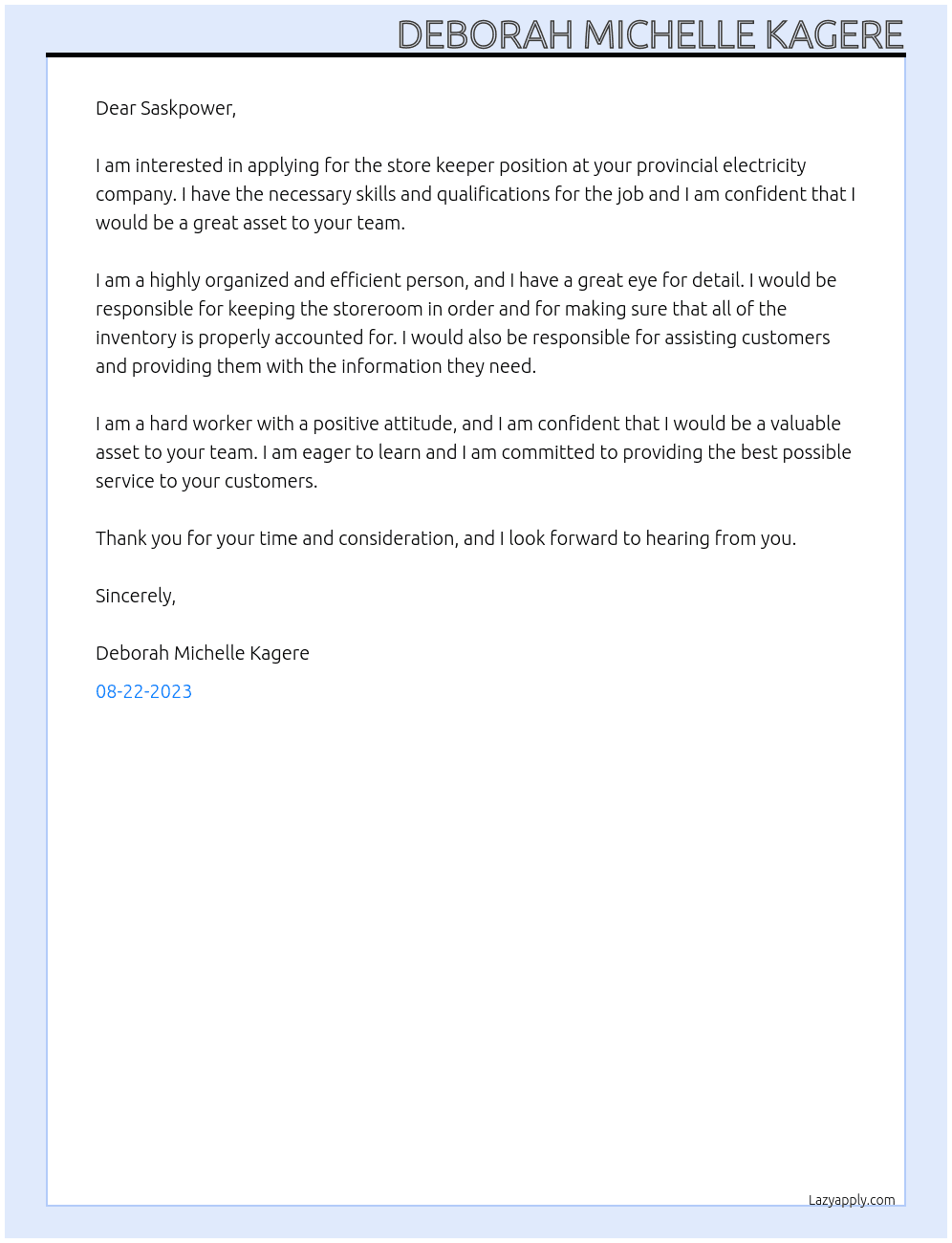 store keeper for provincial elctricity company At human resource Cover Letter