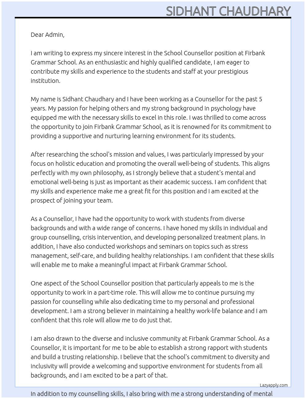 School Counsellor At Firbank Grammar School Cover Letter