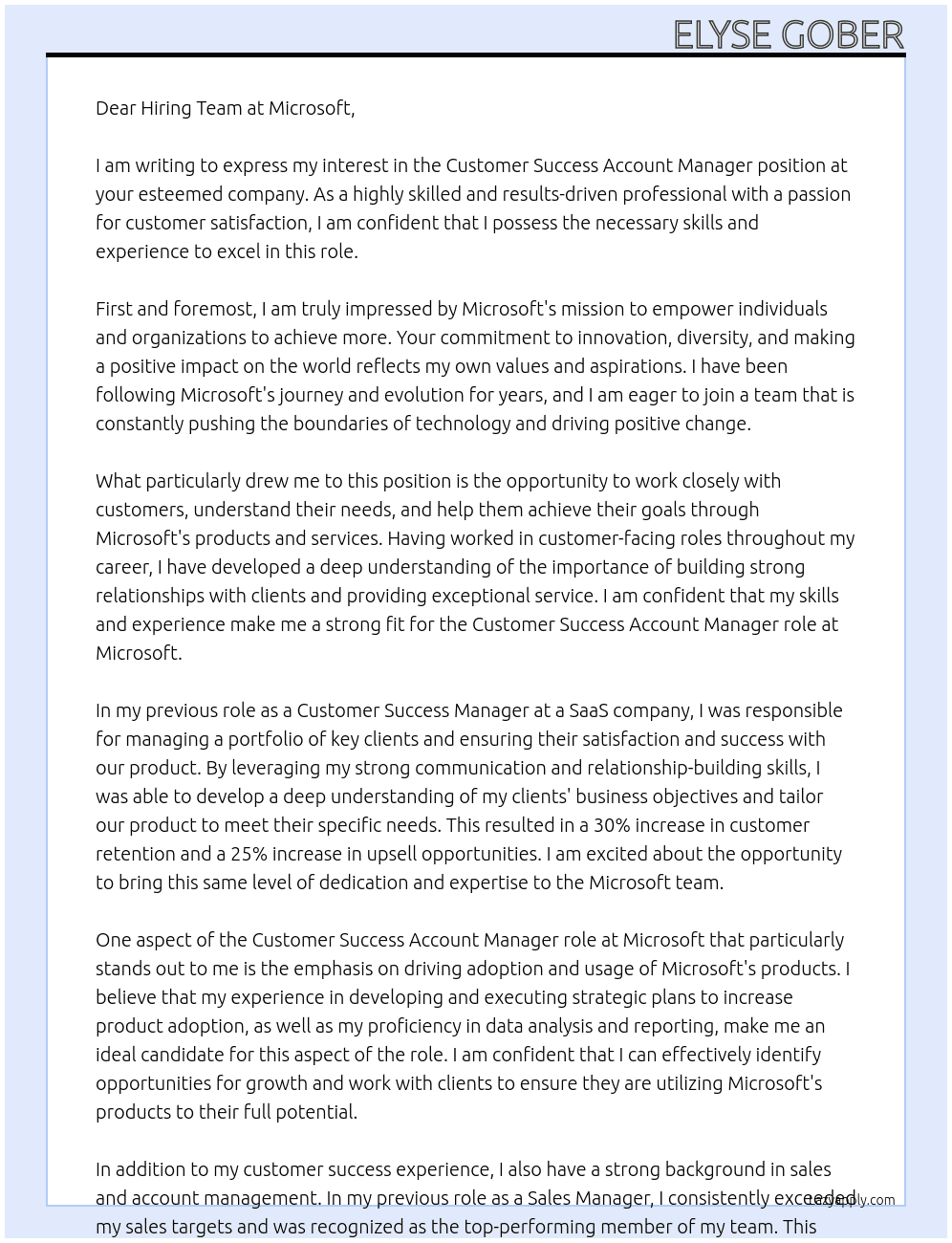 Customer Success Account Manager At microsoft Cover Letter