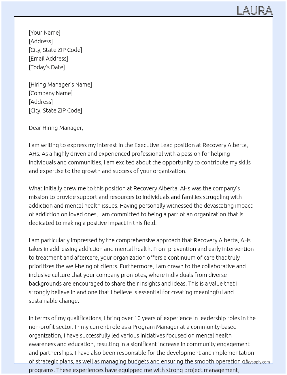 Executive Lead At Recovery Alberta, AHs Cover Letter