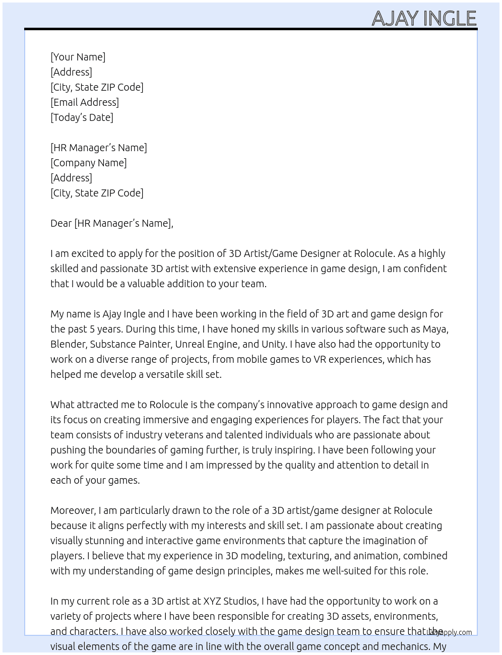 3d artist / game designer  At Rolocule Cover Letter