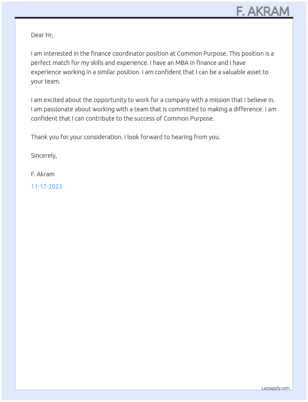 Finance coordinator  At Common purpose  Cover Letter
