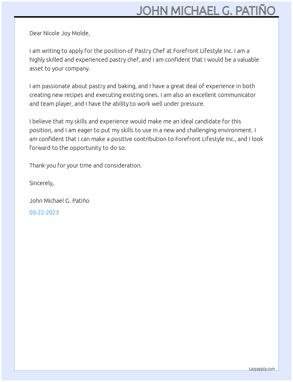 Pastry chef  At Forefront Lifestyle Inc. Cover Letter