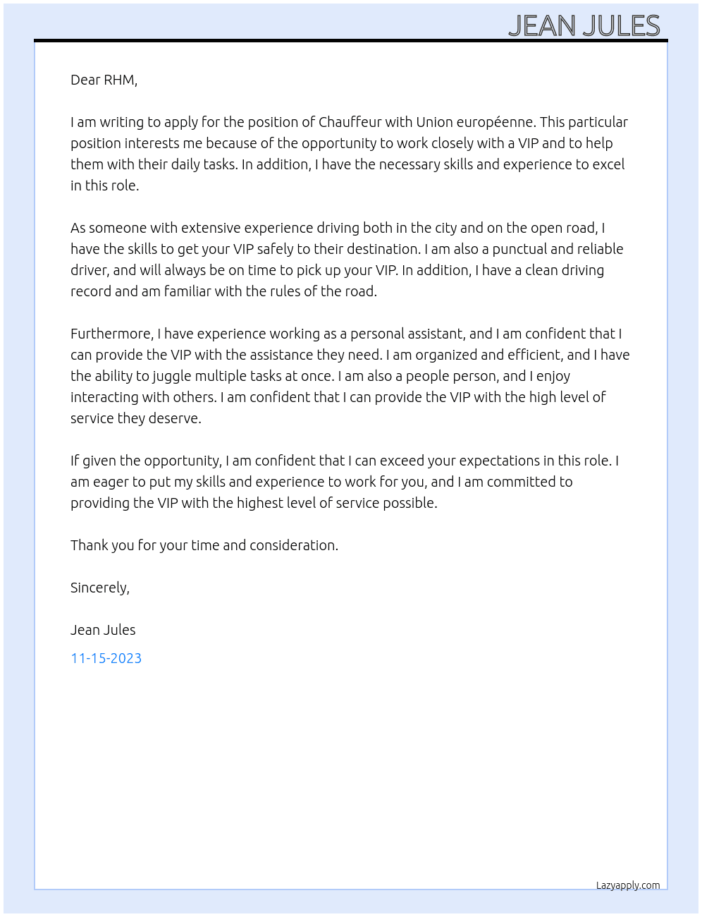 Chauffeur  At Union européenne  Cover Letter