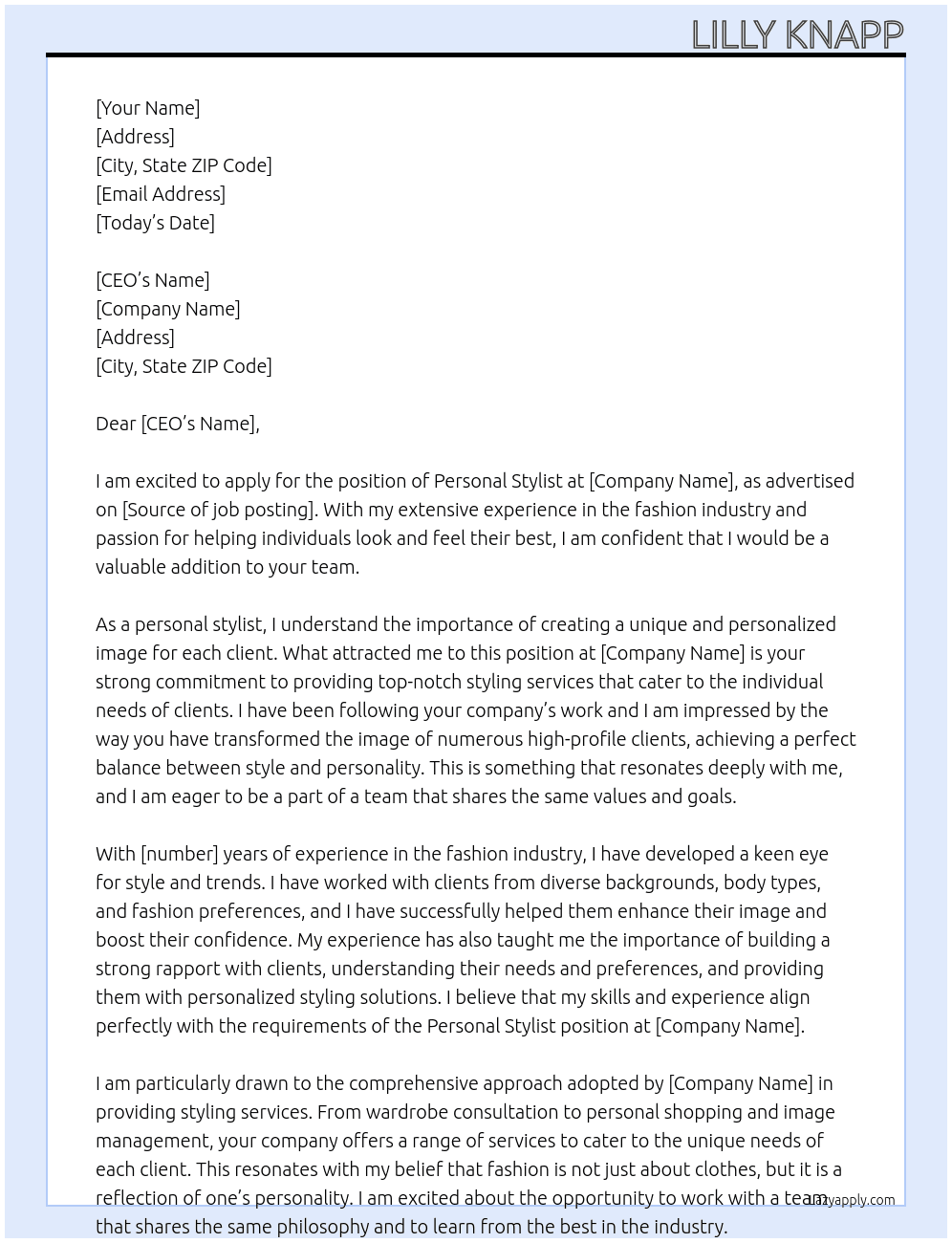 Personal Stylist  At Personal Stylist  Cover Letter