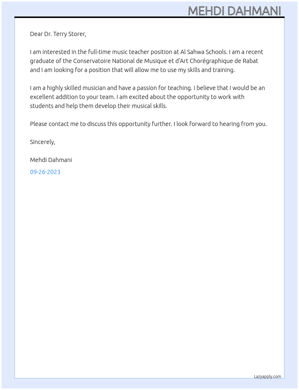 Teacher music  At Al Sahwa Schools Cover Letter