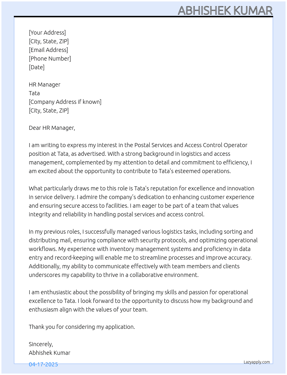 Cover letter for postal services and access control operator - LazyApply