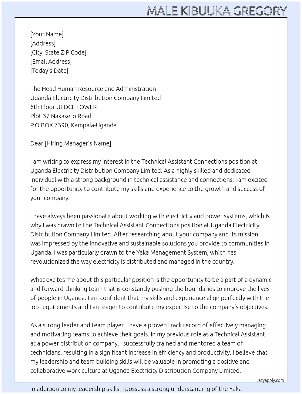 Cover letter for technical assistant connections - LazyApply