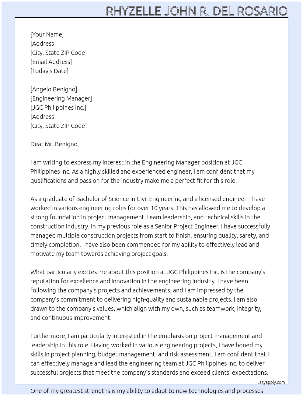 Engineering Manager At JGC Philippines inc. Cover Letter